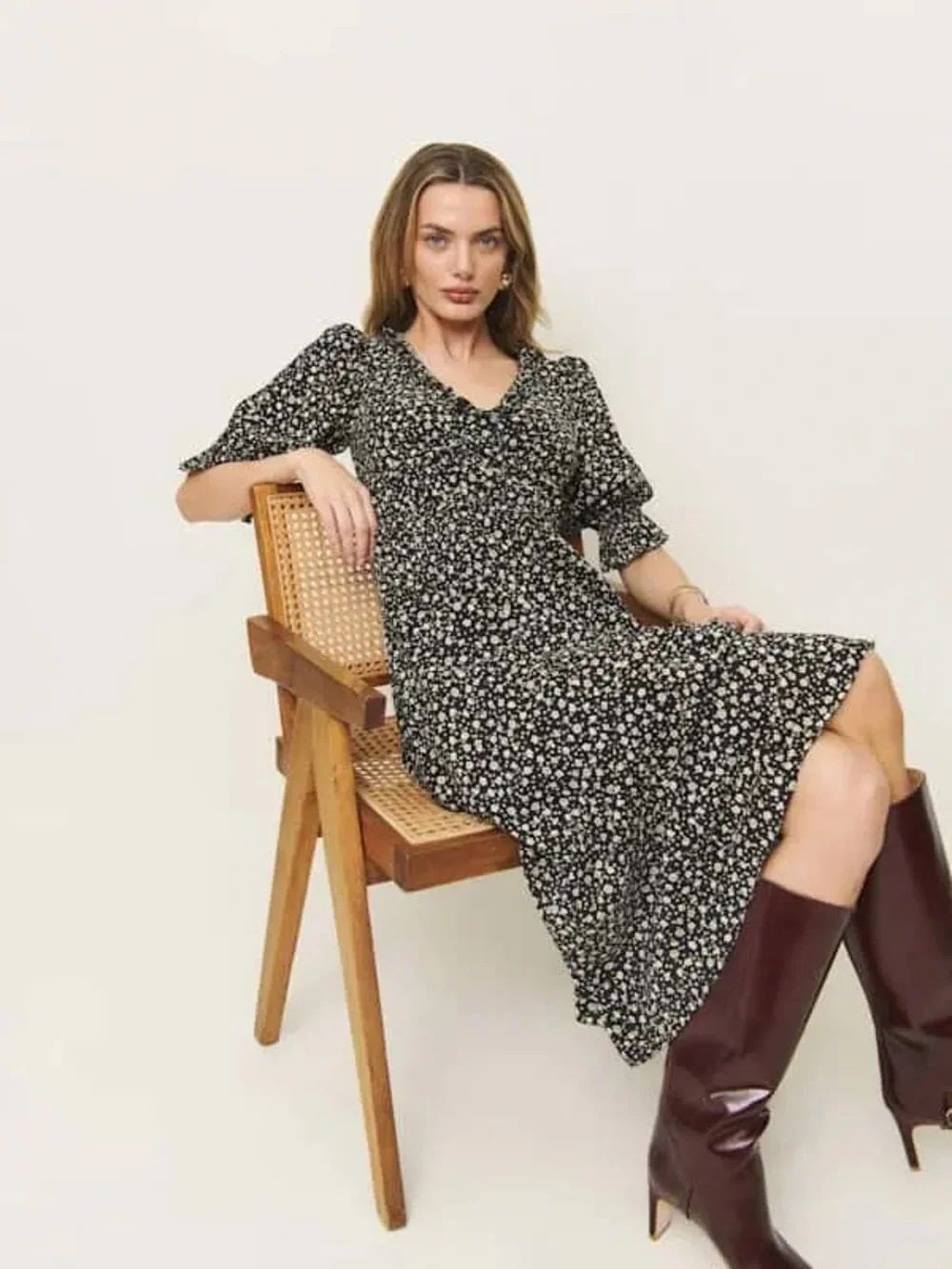 Reformation Mireille Black Floral Midi Dress - Black/White Size 2